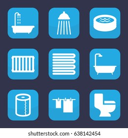 Bathroom icon. set of 9 filled bathroom icons such as shower, towels, cloth hanging, paper towel, toilet, jacuzzi