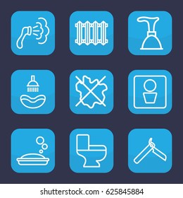 Bathroom icon. set of 9 outline bathroom icons such as man WC, bllade razor, shower, soap, plunger, no wash, toilet