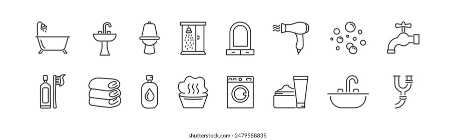 Bathroom icon set. Bath, shower, toilet, washbasin, cosmetic, mirror, soap bubble. Vector illustration.
