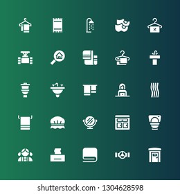 bathroom icon set. Collection of 25 filled bathroom icons included Portable toilets, Pipe, Towel, Tissue, Girl, Toilet, Furniture, Mirror, Shower cap, Woman, Sink, Real estate