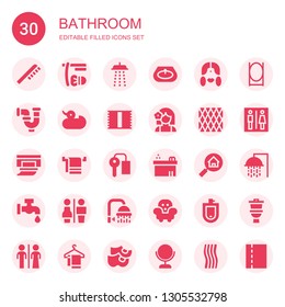 bathroom icon set. Collection of 30 filled bathroom icons included Toothbrush, Shave, Shower, Sink, Woman, Pipe, Duck, Towel, Girl, Napkin, Wipes, Key room, Jacuzzi, Real estate