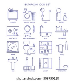 Bathroom icon set. Collection of high quality outline vector pictograms of bathroom furniture and appliances. 16 color line symbols for design website. mobile app, logo, etc.  