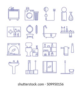 Bathroom icon set. Collection of high quality outline vector pictograms of bathroom furniture and appliances. 16 color line symbols for design website. mobile app, logo, etc.  