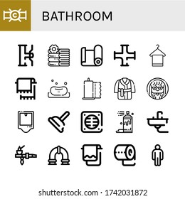 bathroom icon set. Collection of Pipe, Water tap, Towels, Paper roll, Towel, Soap, Paper towel, Bath robe, Woman, Urinal, Plunger, Drain, Spray, Sink, Toilet paper, Male icons