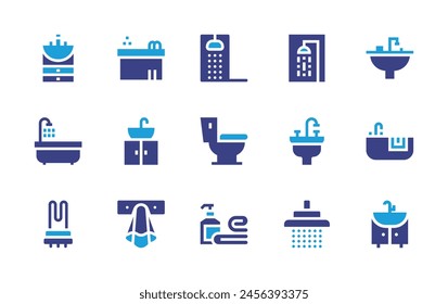 Bathroom icon set. Duotone color. Vector illustration. Containing toilet, sink, bathtub, bath, shower head, hygienic, shower, bathroom, jacuzzi, heated towel rail, towel, washbasin.