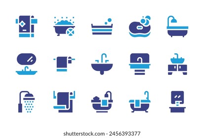Bathroom icon set. Duotone color. Vector illustration. Containing sink, washbasin, bathtub, bathroom, soap, shower, bath, towel.
