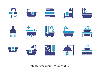 Bathroom icon set. Duotone color. Vector illustration. Containing bathtub, sink, bath, bathroom, towels, shower.