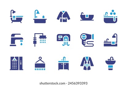 Bathroom icon set. Duotone color. Vector illustration. Containing tap, bathroom cabinet, bathtub, bath, bathroom, bath robe, hairdryer, shower, towel, bathrobe, sink.