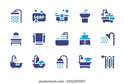 Bathroom icon set. Duotone color. Vector illustration. Containing sink, bathroom, soap, shower head, bathtub, shower, towel, curtains, bath.