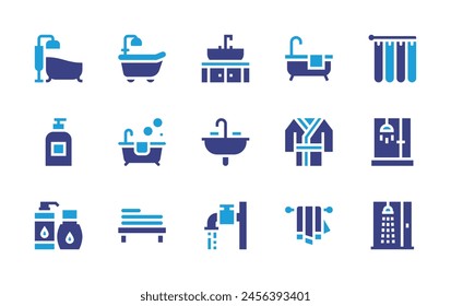 Bathroom icon set. Duotone color. Vector illustration. Containing bathtub, bath, sink, bathroom, curtain, towel, cleanser, wash basin, towel rail, soap, shower, bathrobe.