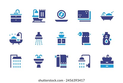 Bathroom icon set. Duotone color. Vector illustration. Containing bathtub, sink, washbasin, shower, bathing, towel, paper, bottle.