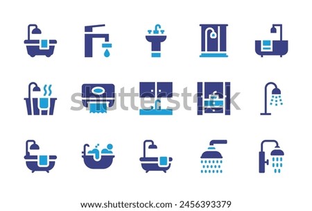 Bathroom icon set. Duotone color. Vector illustration. Containing bathroom, bathtub, shower, bath, sink, tap, paper towel.