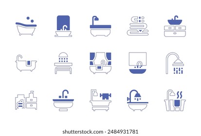 Bathroom icon set. Duotone style line stroke and bold. Vector illustration. Containing sink, bathtub, bath, bathroom, shower, towel, shower head.