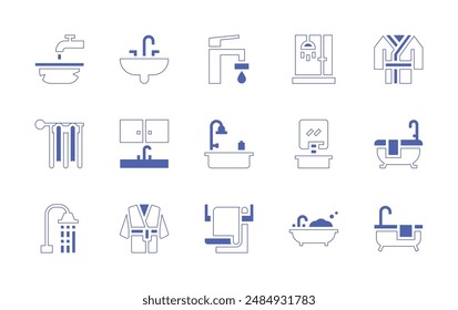 Bathroom icon set. Duotone style line stroke and bold. Vector illustration. Containing sink, bath, bathtub, bathroom, tap, bathrobe, basin, curtains, shower, towel.