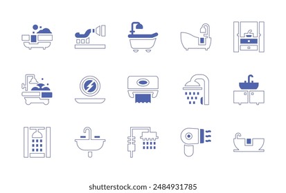 Bathroom icon set. Duotone style line stroke and bold. Vector illustration. Containing bathtub, washbasin, bathroom, shower, toothbrush, hair dryer, wash basin, paper towel, sink.