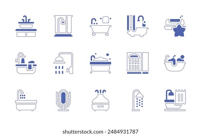 Bathroom icon set. Duotone style line stroke and bold. Vector illustration. Containing bathtub, shower, bathroom, humidifier, bath, mirror, sink, soap.