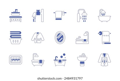 Conjunto de iconos de baño. Trazo de línea de estilo duotono y negrita. Ilustración vectorial. Baño, bañera, alfombra, albornoz, lavabo, espejo, baño, papel, albornoz, toalla.