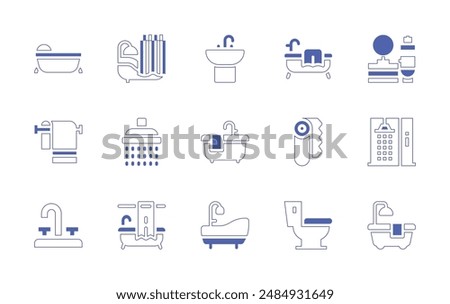 Bathroom icon set. Duotone style line stroke and bold. Vector illustration. Containing bathtub, toilet, shower, bath, bathroom, sink, paper, faucet, towel.