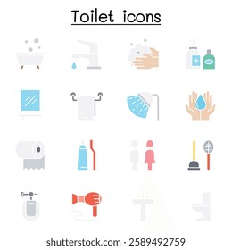Bathroom icon set in flat color style