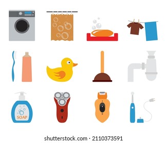 Bathroom Icon Set. Flat Design. Fully editable vector illustration. Text expanded.