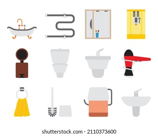 Bathroom Icon Set. Flat Design. Fully editable vector illustration. Text expanded.