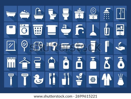 Bathroom icon set in flat style with long shadows on blue background. Includes symbols of bathtub, shower, toilet, sink, soap, towel, washing machine, mirror, and other hygiene items.
