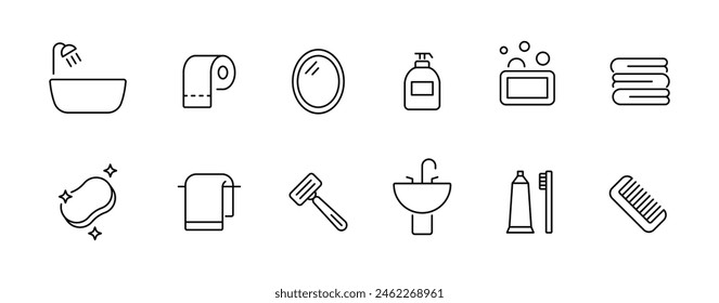 Bathroom icon set. Home hygiene wash outline icons set. Vector icons
