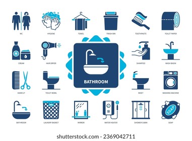 Bathroom icon set. Hygiene, Shower Cabin, Toilet Bowl, Mirror, Soap, Toothpaste, Wash Basin, Shampoo. Duotone color solid icons