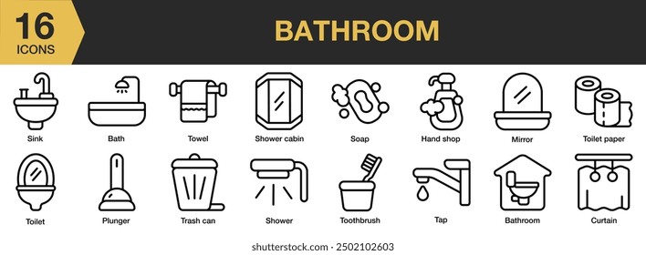 Bathroom icon set. Includes bath, mirror, soap, shower, sink, toilet, towel, and More. Outline icons vector collection.