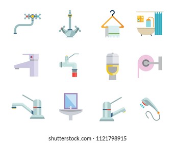 Bathroom Icon Set. Sink And Mirror Towel On Hanger Toilet Pan Toilet Paper Shower Spray Bath Tube Bathroom Interior Water Tap Mixer Tap Faucet With Hose Chrome Mixer Tap Ball Valve Silver Water Tap
