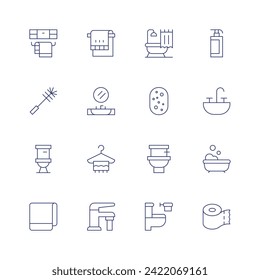 Bathroom icon set. Thin line icon. Editable stroke. Containing towelrail, wc, toilet, towel, mirror, hanger, watertap, bathtub, sponge, shampoo, sink, toiletpaper.