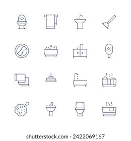 Bathroom icon set. Thin line icon. Editable stroke. Containing toilet, mirror, bathtowel, sponge, towel, bathtub, shower, sink, plunger, jacuzzi, hottub.