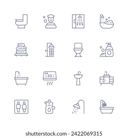 Bathroom icon set. Thin line icon. Editable stroke. Containing toilet, towel, bathtub, toilets, shower, handdryer, bottle, sink, bathroom.