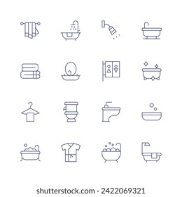 Bathroom icon set. Thin line icon. Editable stroke. Containing towel, clotheshanger, bathtub, shower, basin, toilet, robe, showerhead, bidet, jacuzzi, bathroom, bath.