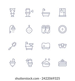 Bathroom icon set. Thin line icon. Editable stroke. Containing toilet, shower, toiletbrush, sink, sponge, bathtub, wc, toiletpaper, bathroom, towels, mirror.