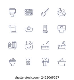 Bathroom icon set. Thin line icon. Editable stroke. Containing toilet, paper, bathtub, sink, towel, bathing, shower, toiletbrush, heatedtowelrail, bathrobe, bathroom, papertowel.