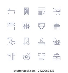 Bathroom icon set. Thin line icon. Editable stroke. Containing bathtub, towel, tap, parfum, toilets, bath, showerhead, toilet, hygiene, bathroom, shower, sink.