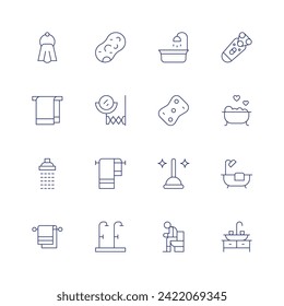 Das Badezimmer ist ein Symbol. Dünne Linie Symbol. Bearbeitbarer Strich. Handtuch, Wasser, Schwamm, Spiegel, Badetücher, Duschen, Babywanne, Kolben, Absetzvorrichtung, Badezimmer, Badewanne, Waschbecken.