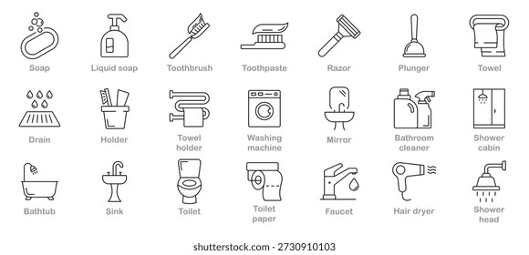 Bathroom Icon Set with Towel, Sink, Bathtub, Toilet, Shower, Faucet, Soap, Toothbrush, Toothpaste, Mirror, Razor, Shampoo and Cleaning Tools.