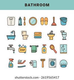 Bathroom Icon Set. Vector Illustration of Bathroom Items and Decor. A modern vector set featuring bathroom items like bathtub, sink, toilet, mirror, towel, and decor. 