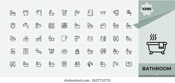 Bathroom icon set. Wash Room linear icon set. Minimalist icons collection. Contains such symbols as bath, wash room, toilet, sanitary and more. Vector illustration. Pixel perfect.