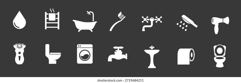 bathroom icon set white on a black background