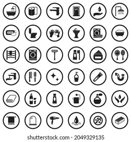 Bathroom Icons. Black Flat Design In Circle. Vector Illustration.