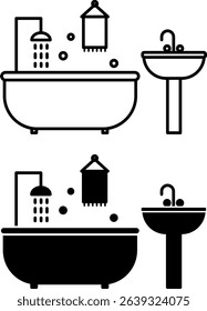 Bathroom Icons. Black And White Vector Illustrations. Water Filling Into Bath, Towel, Sink, And Tap. Room In the House For Bathing Or Taking a Shower. Hygiene Concept