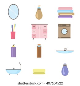 Bathroom icons colored set with toothbrush hygiene collection equipment vector illustration. Bathroom icons home interior and shower bathroom icons. Bathroom icons dryer cleaning wash elements. 