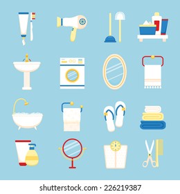 Bathroom icons colored set with toothpaste and brush hairdryer isolated vector illustration