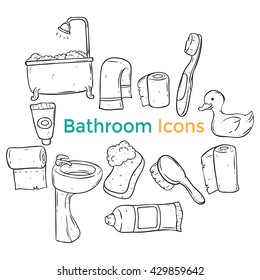 Bathroom icons with doodle or hand drawing style on white background