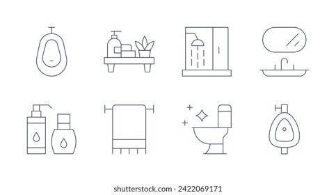 Bathroom icons. Editable stroke. Containing urinal, cleanser, towel, shower, toilet, washbasin, bathroom.