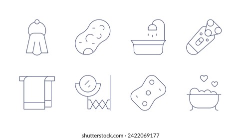 Bathroom icons. Editable stroke. Containing towel, sponge, mirror, babytub, bathroom.