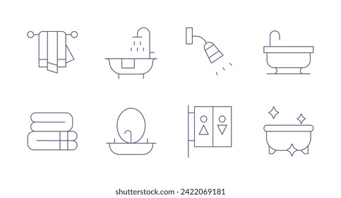 Bathroom icons. Editable stroke. Containing towel, shower, basin, showerhead, toilet, bathroom, bath.